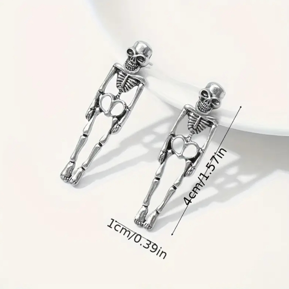 Silver-tone Skull Skeleton Pierced Earrings Lightweight Metal Alloy NEW - Picture 4 of 4